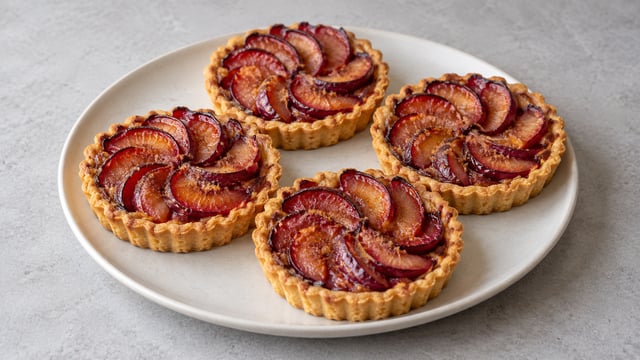 Petites tartelettes dorées aux quartiers violets de prune