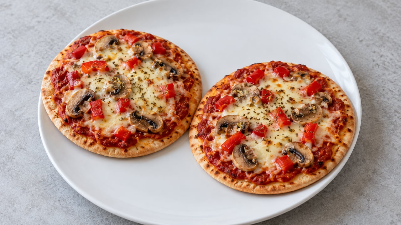 Petites pizzas pita au poivron rouge, champignons et mozzarella fondue