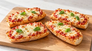 Cuatro baguettes pequeñas con salsa de tomate rojo, mozzarella derretida y albahaca fresca