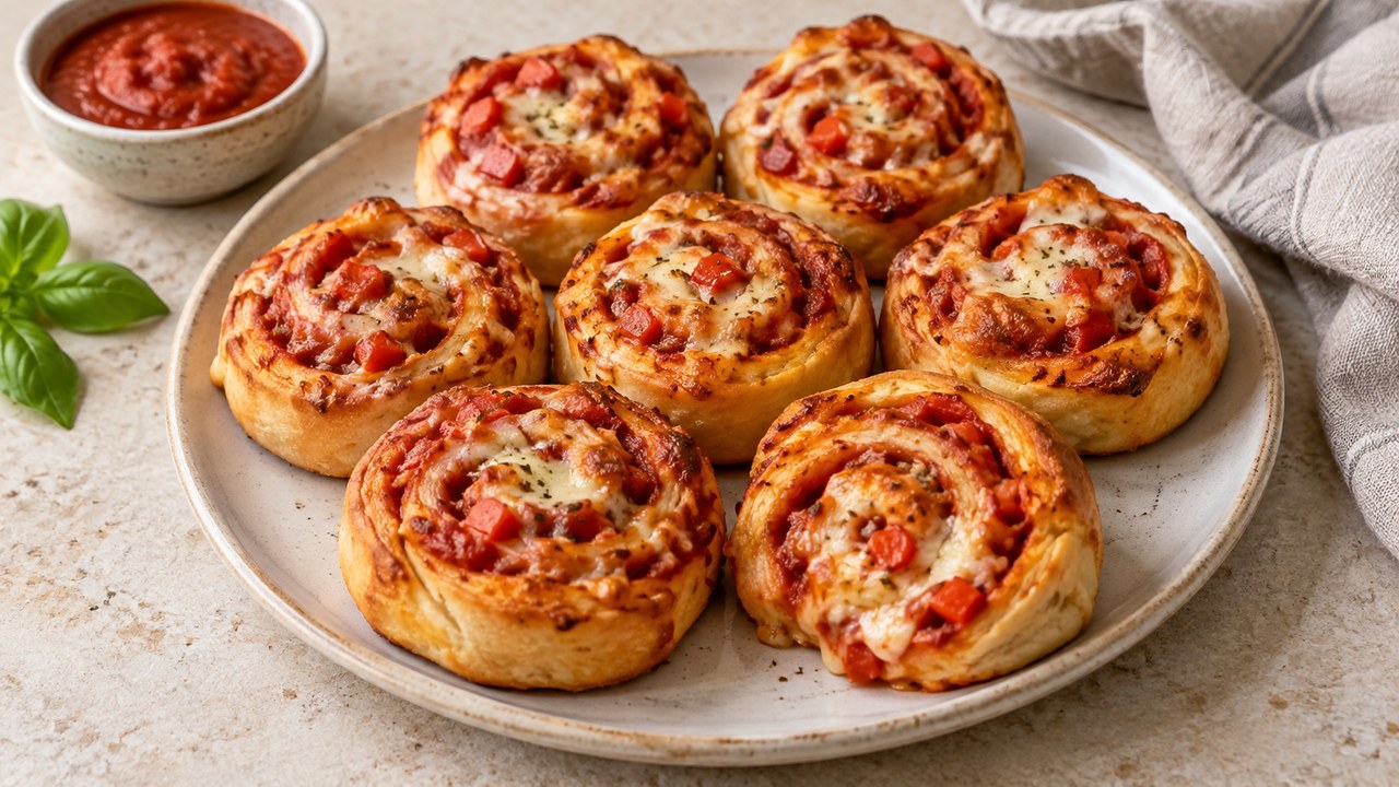espirales de pizza dorados de la freidora de aire con tomate, queso, pimientos y orégano