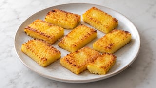 Otto fette di polenta rettangolare dorata con bordi leggermente dorati su un piatto