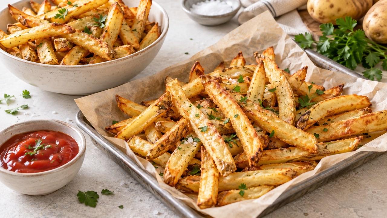 frites dorées croustillantes de l’Air Fryer avec persil et trempette