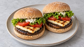 Hamburguesa con portobello cocido, halloumi, lechuga y tomate