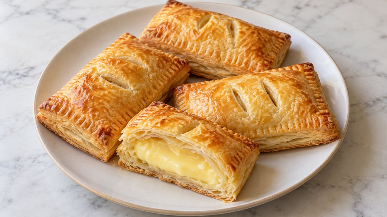 Fagottini dorati chiusi con crema di latte chiara al taglio