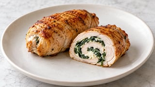 Dos rollos de pavo cocidos con relleno visible de queso de crema de espinacas, un corte abierto