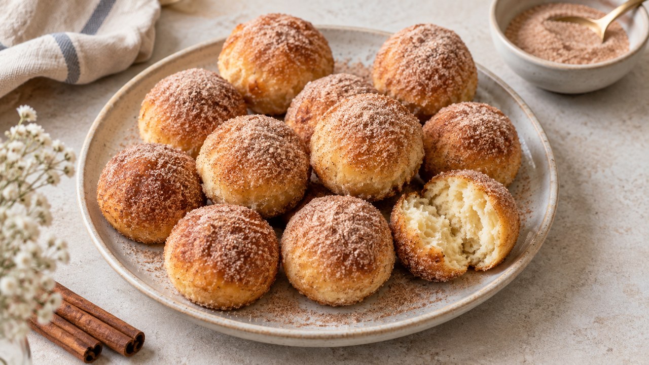Boules de quark dorées de l’Air Fryer avec du sucre de cannelle et de la coupe libre