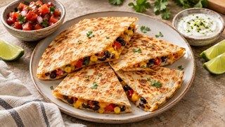 Croustillant Quesadilla Triangle de l’Air Fryer avec des haricots noirs, maïs, fromage et salsa tomate