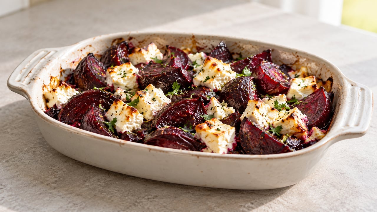 Cuñas de remolacha roja cocida en rojo oscuro con trozos de feta suaves y perejil picado en un plato poco profundo