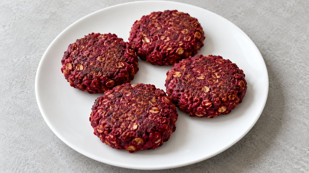 Quatre galettes plates rouge foncé aux petits morceaux de noix