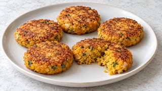 Tortitas doradas de lentejas rojas con cebolla y perejil