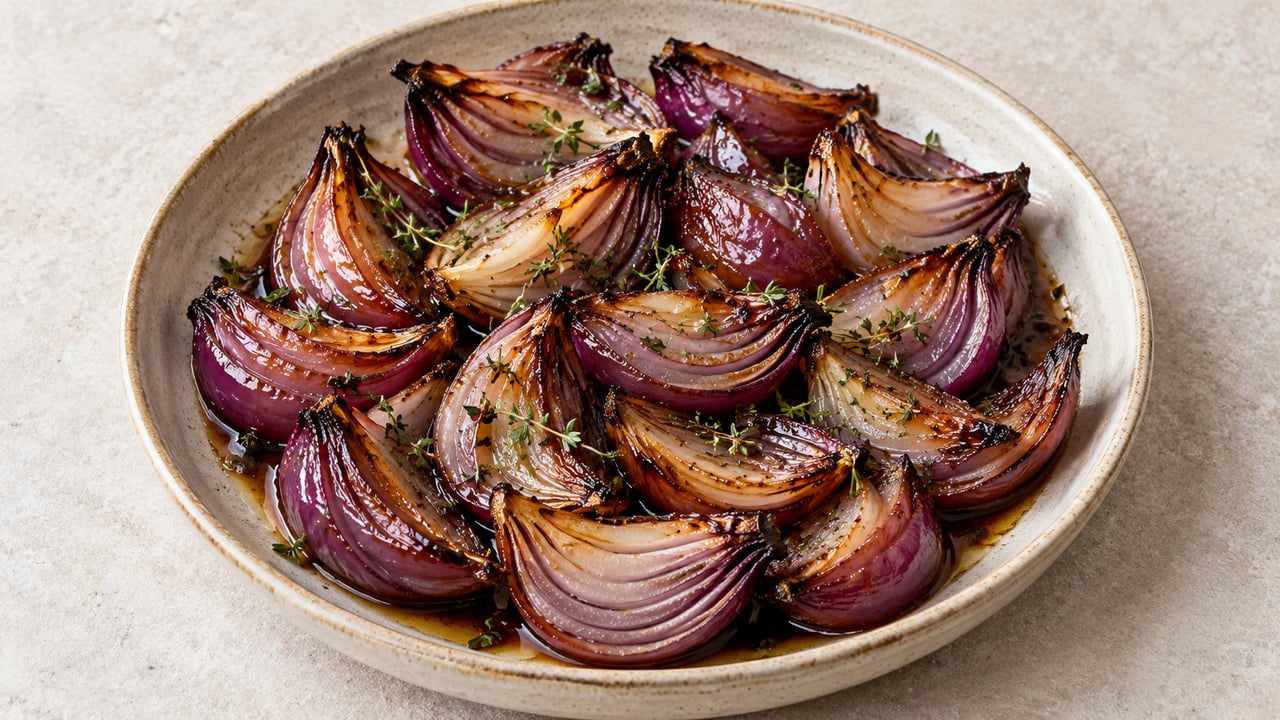 Spicchi di cipolla rossa teneri con glassa balsamica lucida