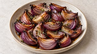 Spicchi di cipolla rossa teneri con glassa balsamica lucida