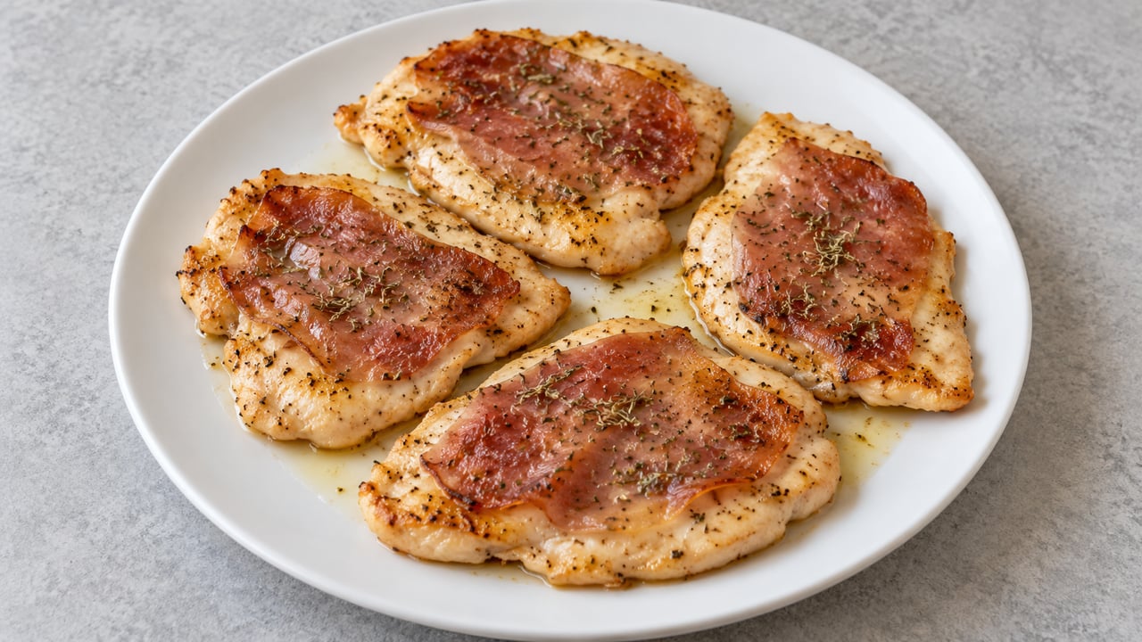 Quattro fettine piatte di pollo cotto con prosciutto dorato
