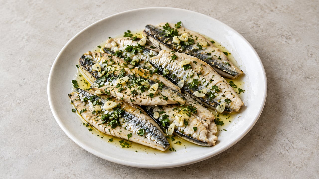 Filetes pequeños de sardina cocidos con ajo y perejil