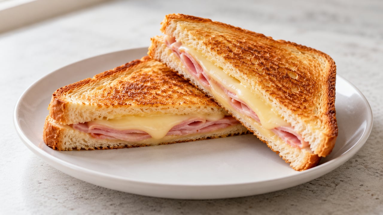 Toast tagliato in diagonale con prosciutto cotto e formaggio fuso