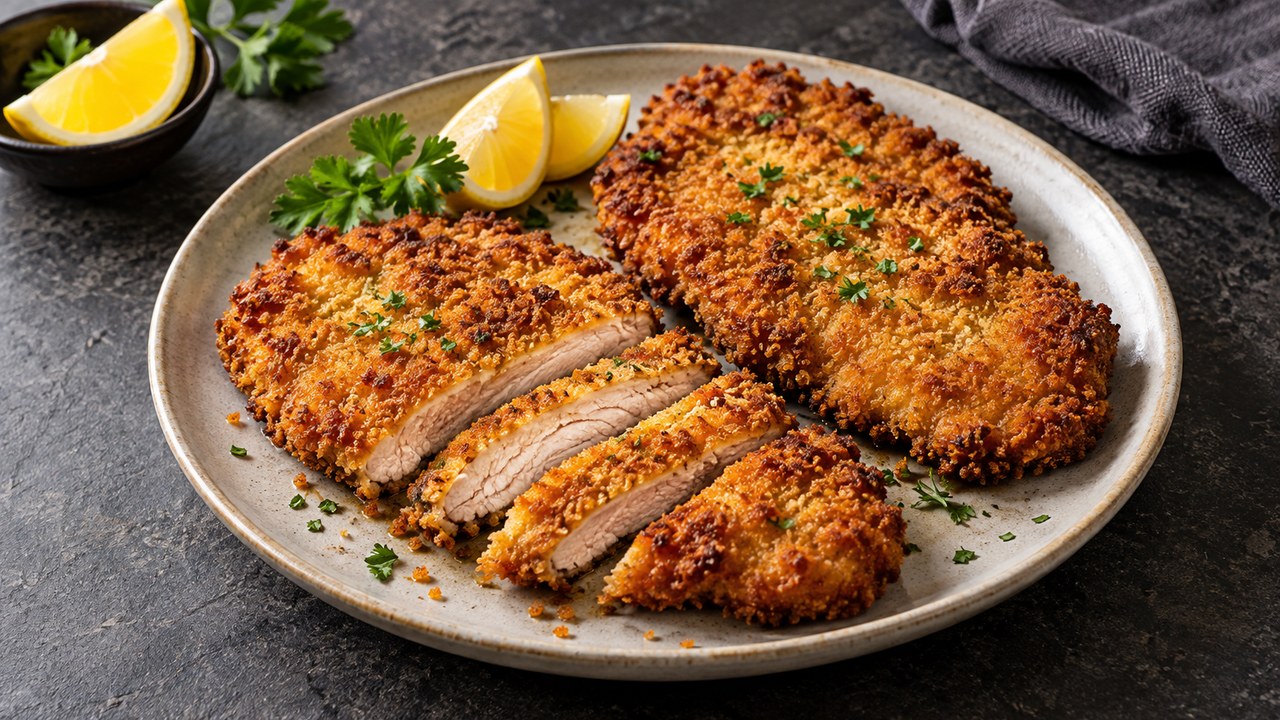 Schnitzel croccante impanato dalla friggitrice ad aria con limone e prezzemolo