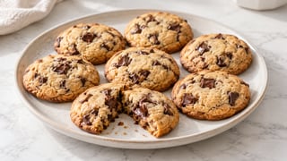Ocho pequeñas galletas doradas con trozos de chocolate oscuro y un centro delicado y completamente horneado