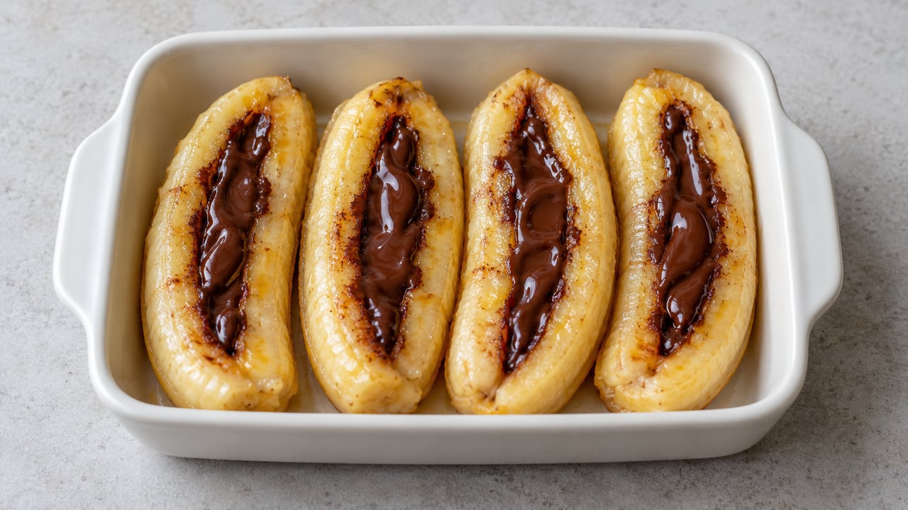 Cuatro mitades de plátano pelado con chocolate negro fundido