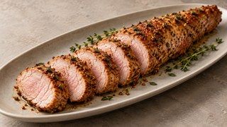 Filet de porc en tranches juteuses de la friteuse à l'air avec croûte de moutarde et thym