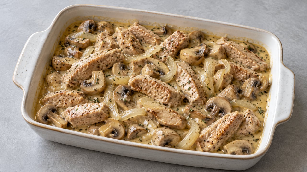 Strisce di filetto cotte e funghi in panna alla senape