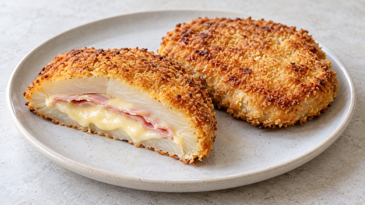 Céleri pané coupé montrant jambon et fromage