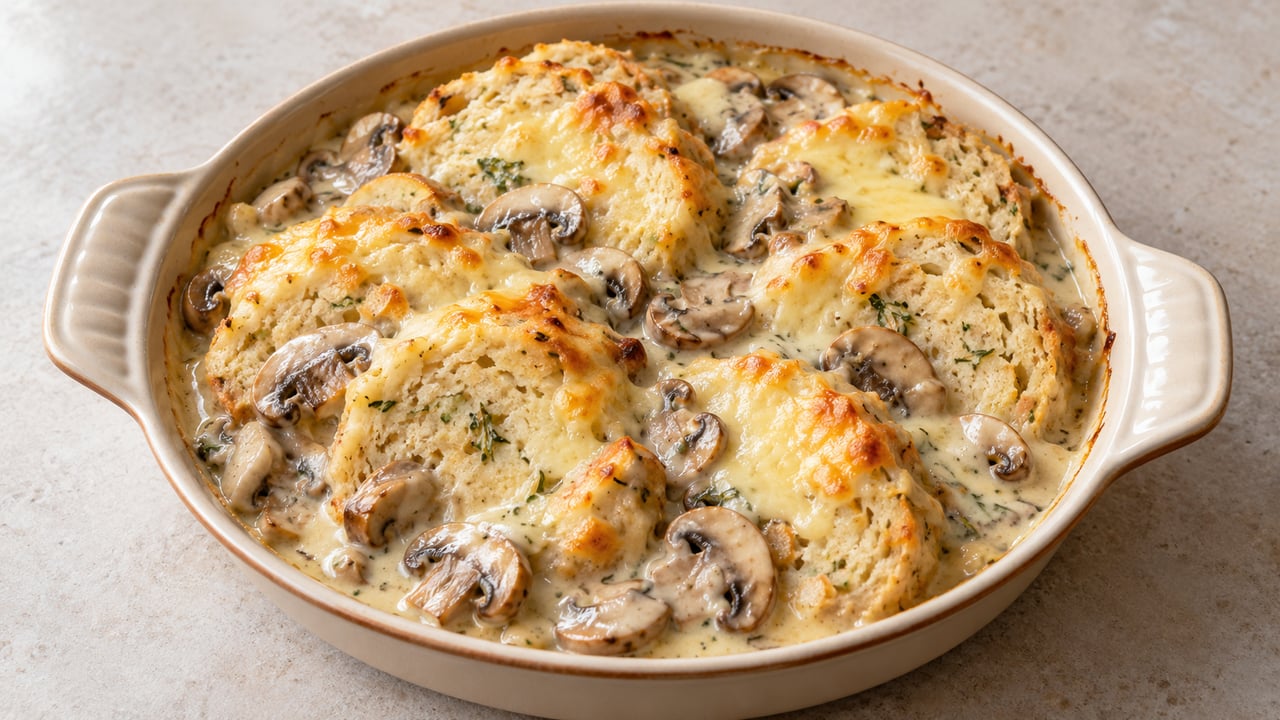 Canederli a fette con funghi, salsa chiara e Gouda fuso