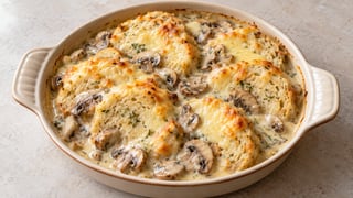Albóndigas de pan en rodajas con champiñones, salsa clara y gouda