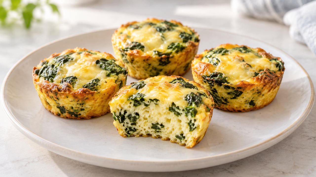 Quattro piccoli muffin d'uovo giallo dorato con pezzetti di spinaci verdi e gouda fuso