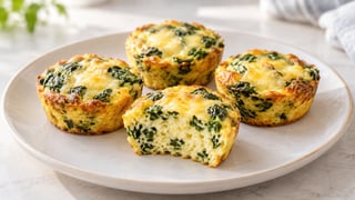 Cuatro pequeñas magdalenas de huevo amarillo dorado con trozos de espinaca verde y gouda derretida