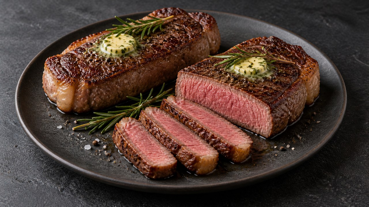 Bistecca tagliata a metà cottura dalla friggitrice ad aria con burro di erbe e rosmarino