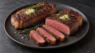 Découper le steak de croupion à mi-cuisine de la friteuse à l'aide de beurre d'herbe et de romarin
