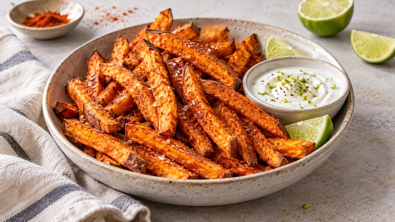 Papas fritas doradas de batata de la freidora de aire con salsa de hierbas y cal