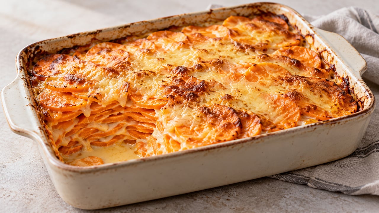 Gratén de batata con capas naranjas y costra de queso dorada