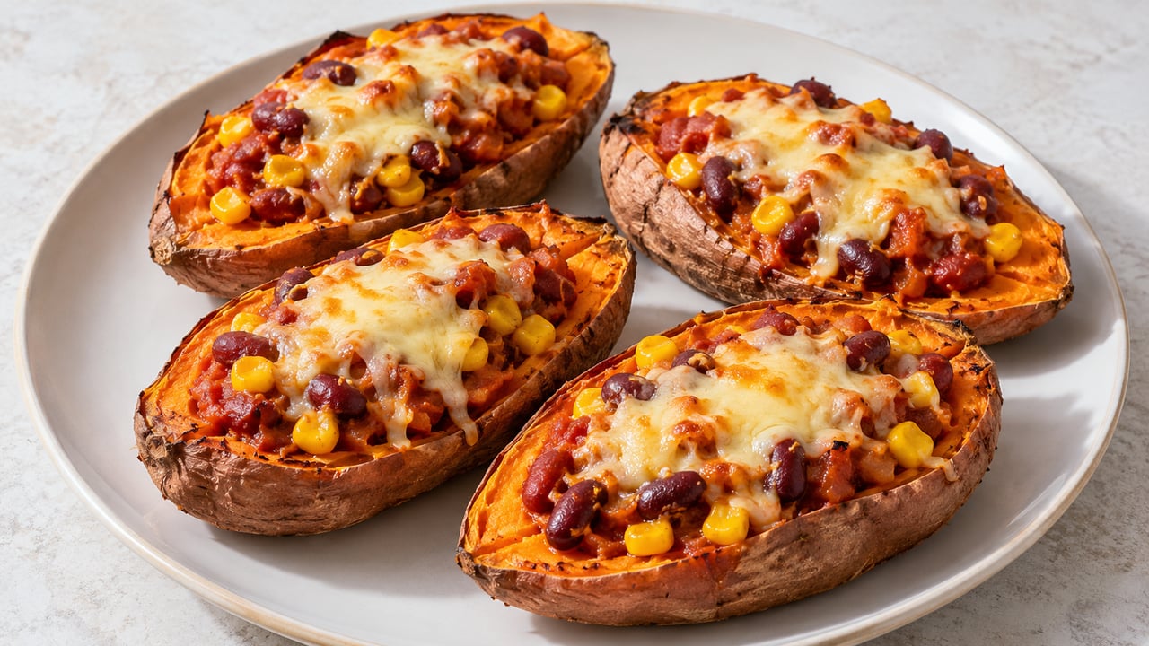 Demi-patates douces aux haricots rouges, maïs et fromage fondu