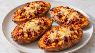 Mitades de batata con alubias rojas, maíz y queso fundido