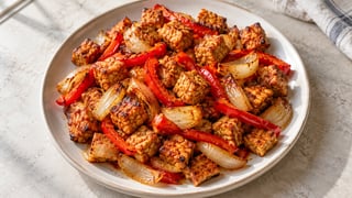 Dados de tempeh dorados con pimiento rojo y cebolla