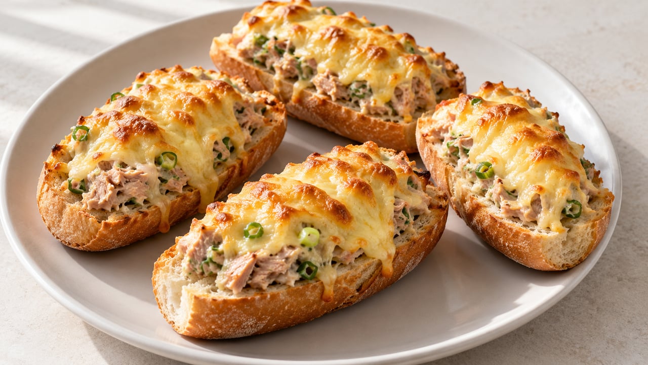 Pezzi di baguette con tonno, cipollotto e formaggio dorato