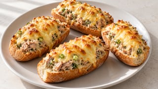 Trozos de baguette con atún, cebolleta y queso dorado