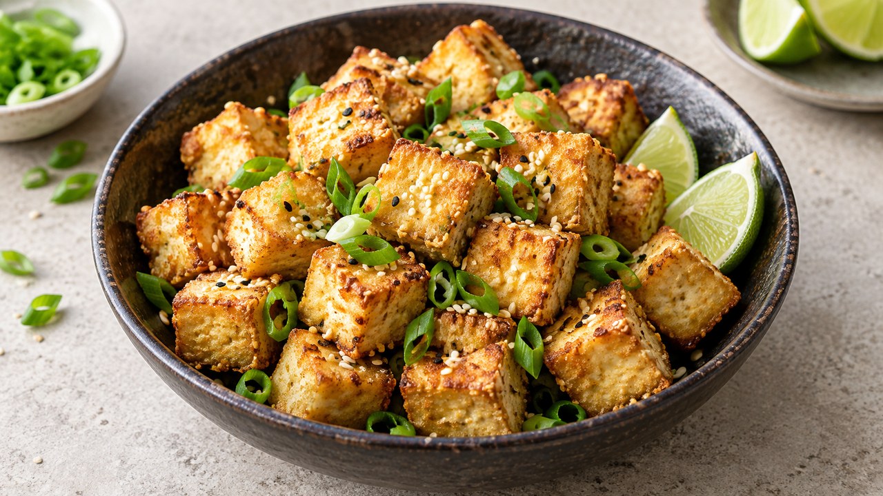 Cubi di tofu croccante dalla friggitrice ad aria con sesamo, cipolle primavera e lime