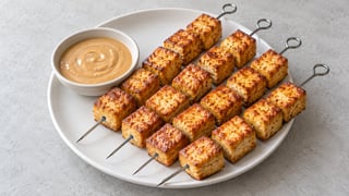 Quatre brochettes de tofu dorées et sauce cacahuète à part