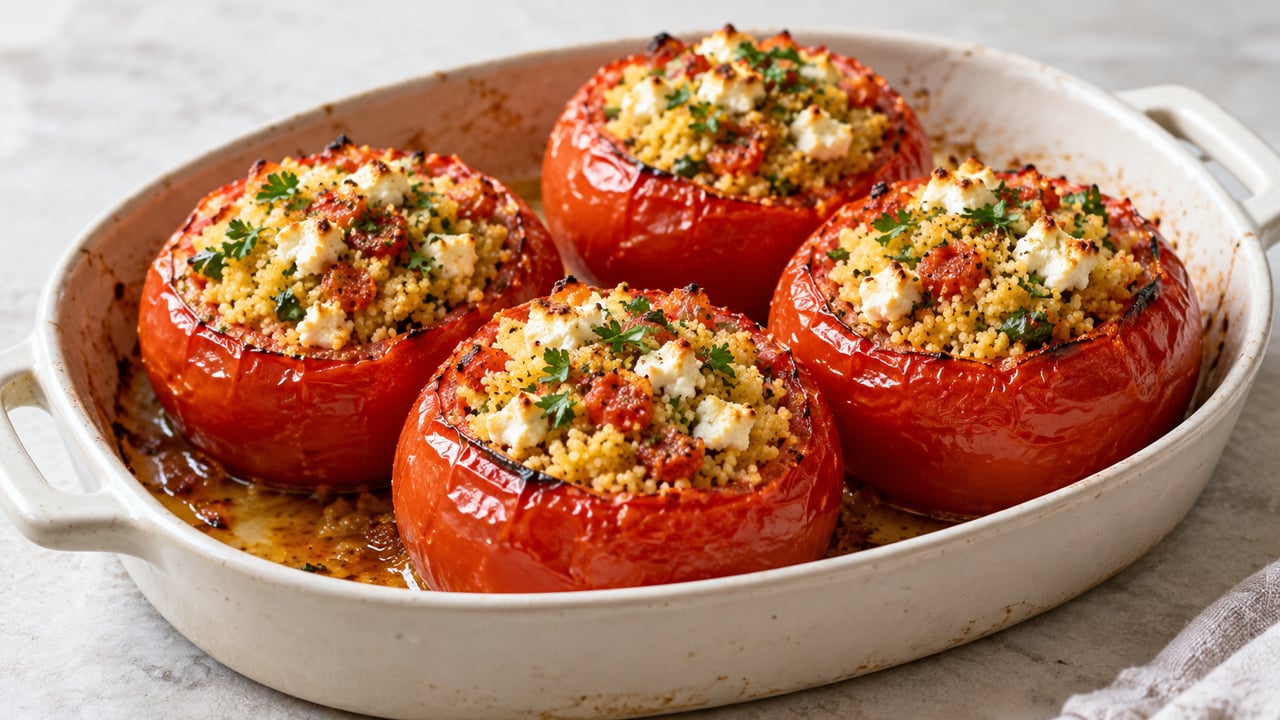 Tomates asados rellenos de cuscús, feta y perejil