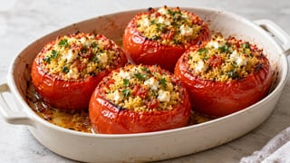 Tomates asados rellenos de cuscús, feta y perejil