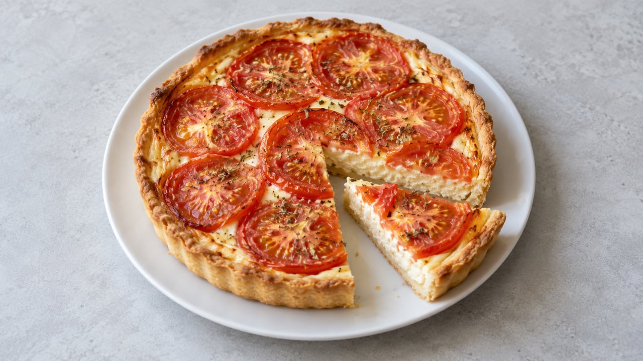 Tarta pequeña dorada de ricotta con tomate rojo