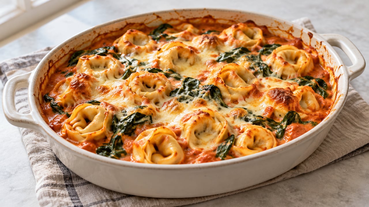 Tortellini e spinaci in pomodoro e panna con Gouda fuso