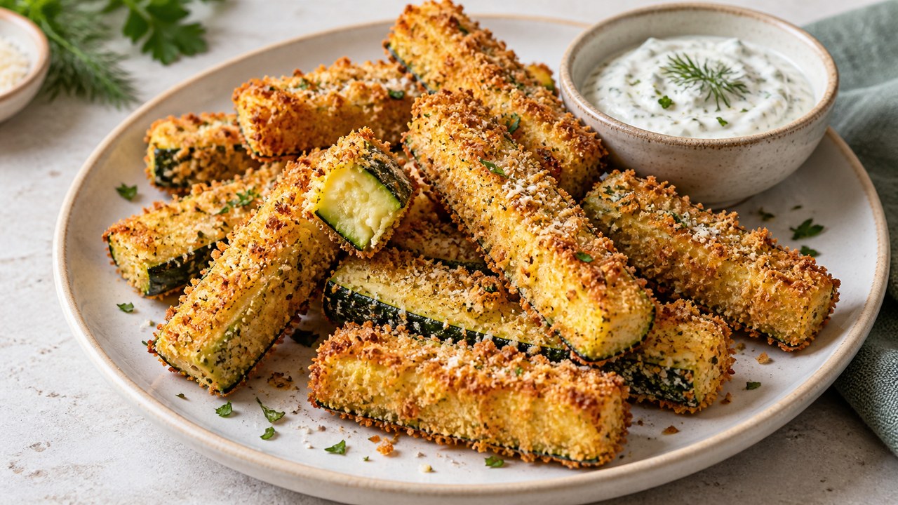 Zucchine croccanti dalla friggitrice ad aria con panko, parmigiano e salsa alle erbe