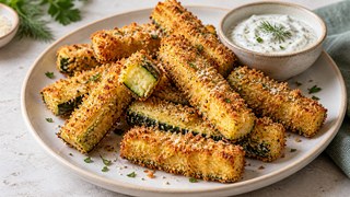 Courgettes croustillantes de l’Air Fryer avec panko, parmesan et trempette à base de plantes