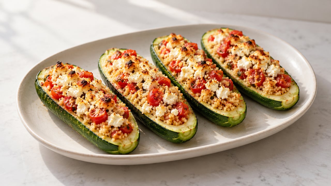 Cuatro mitades de calabacín cocidas con relleno de tomate granular cuscús y feta