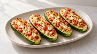 Cuatro mitades de calabacín cocidas con relleno de tomate granular cuscús y feta