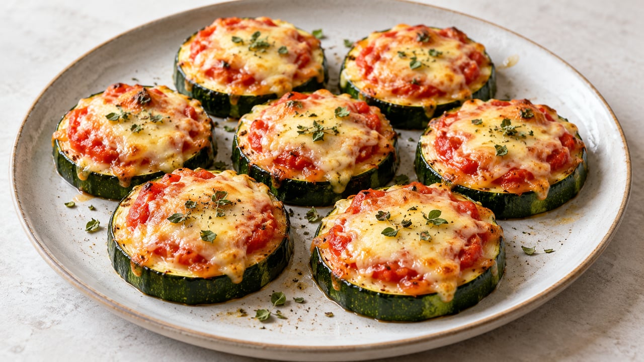 Rodajas de calabacín asadas con tomate y queso dorado