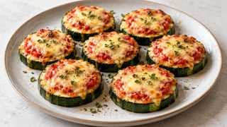 Rodajas de calabacín asadas con tomate y queso dorado